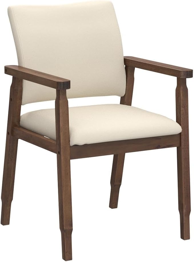Set of 2 Mid Century Modern Walnut Dining Chairs Wood Arm Beige Fabric Kitchen Cafe Living Room Decor Furniture