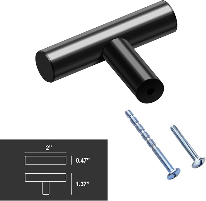 10 Pack 2 Inch Black T Knobs for Kitchen Cabinet Knobs Drawer Single Hole Cabinet Knob 2 Inch