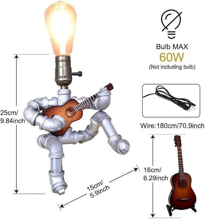 Music Guitar Table Lamp Art Decor, Cool Guitar Stuff Gifts for Men Music Lovers Guitar Players, Steampunk Pipe Man Edison Bulb Lamps, Retro Guitars Metal Pipe Industrial Robot Lights