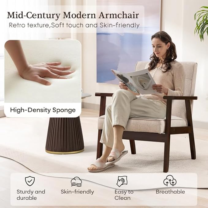 Bonzy Home Mid-Century Modern Accent Chair, Upholstered Fabric Armchair with Solid Wood Frame, Comfy Retro Leisure Chair Reading Chair for Living Room, Bedroom