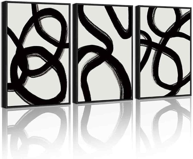 KUVIOKE Black and Grey Abstract Framed Wall Art Minimalist Ink Wash Lines Painting Artwork for Bedroom Hallway 11x14in (Black Framed)