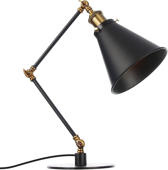 Makeup Vintage Desk Lamp, Industrial Metal Task Table Lamp with Adjustable Swing Arm, Bedroom Bedside Night Light Cafe Antique Reading Lighting,Black+Gold