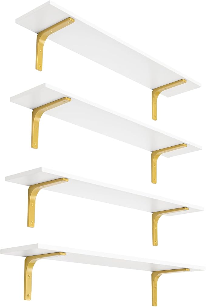 DINZI LVJ Long Wall Shelves, 31.5" Wall Mounted Shelves Set of 4, Large Floating Shelves with Metal Brackets, for Living Room, Bathroom, Bedroom, Kitchen, White and Gold