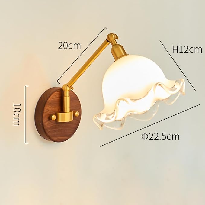 Antique Retro Walnut Copper Swing Arm Wall Lamp - Decorative Bedside Lamp for Bedroom, Study, and Living Room