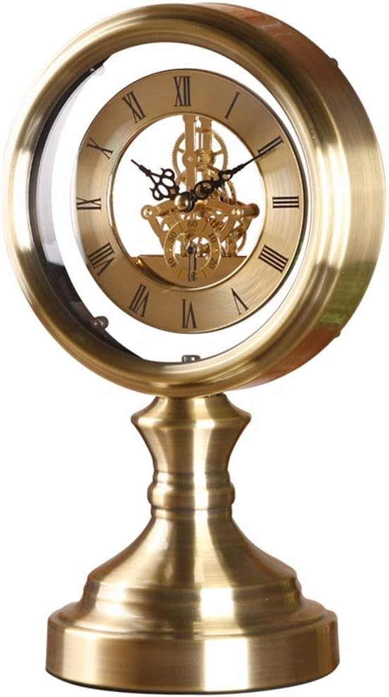 Retro Brass Desk Clock, Classic Metal Antique Clock, Silent Clockwork, Mantel Clock for Living Room, Fireplace, Office, Kitchen Mantel Clock-Metallic-Transparent Movement