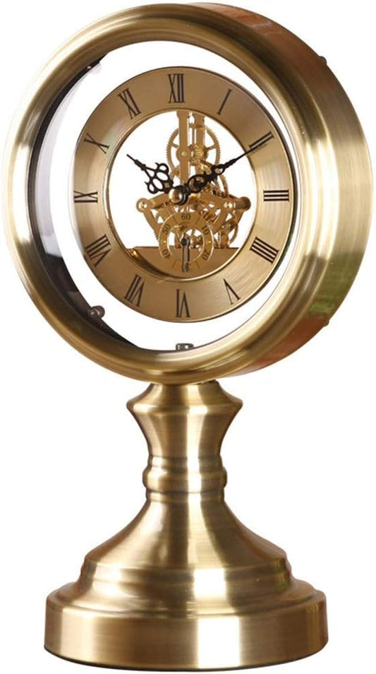 Retro Brass Desk Clock, Classic Metal Antique Clock, Silent Clockwork, Mantel Clock for Living Room, Fireplace, Office, Kitchen Mantel Clock-Metallic-Transparent Movement