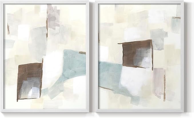 Renditions Gallery Set of 2 Peel & Stick Framed Prints, Abstract Wall Art, Minimalist Color Block Brush Strokes Wall Decor, Re-Stickable - Ready to Hang - 16"x20" - White Frame LT588