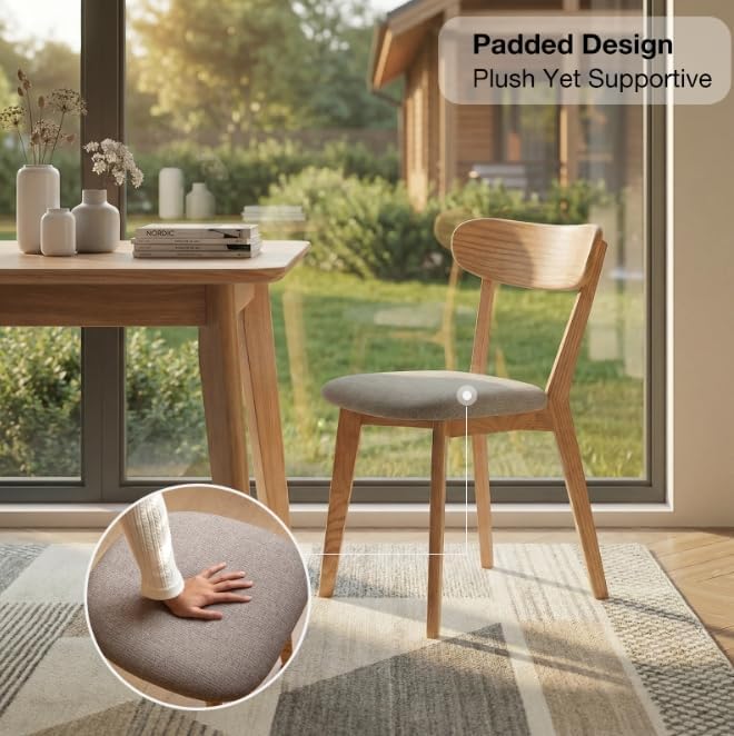 100% Solid Wooden Dining Chairs - Practical Kitchen Chairs with Upholstered Cushion - Wood Chairs Set of 2 for Dining Room, Kitchen (2, Natural with Grey Cushion)