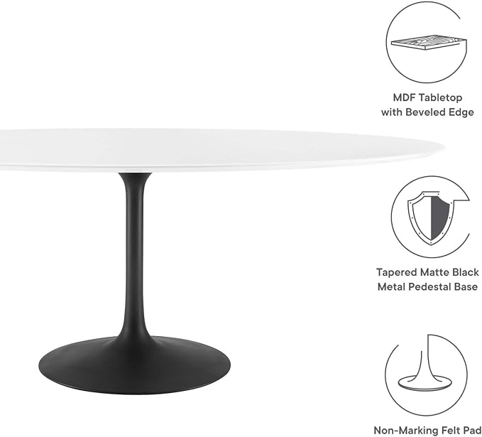 Modway Lippa 78" Oval-Shaped Mid-Century Modern Dining Table with White Wood Top and Black Base