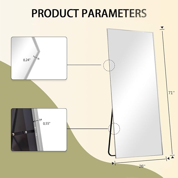 BEAUTYPEAK Full Length Mirror, 71"x26" Standing Hanging or Leaning Against Wall Floor Mirrors Body Dressing Wall-Mounted for Living Room, Bedroom with Aluminum Alloy Thin Frame, Sliver
