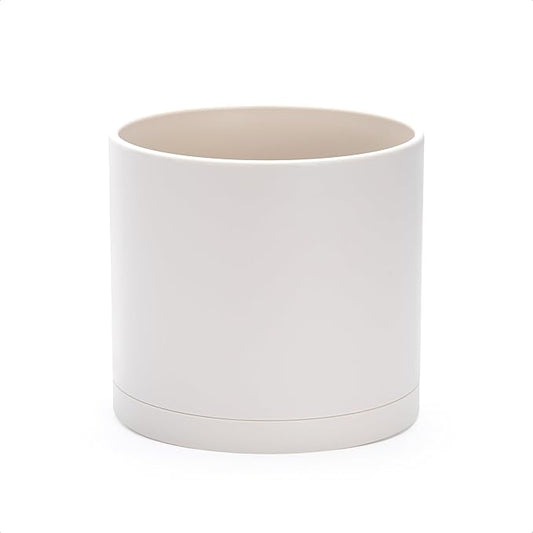D'vine Dev 8 Inch Plastic Planter Pots for Plant Pot with Drainage Hole and Seamless Saucers, Oatmeal, 74-X-H-1