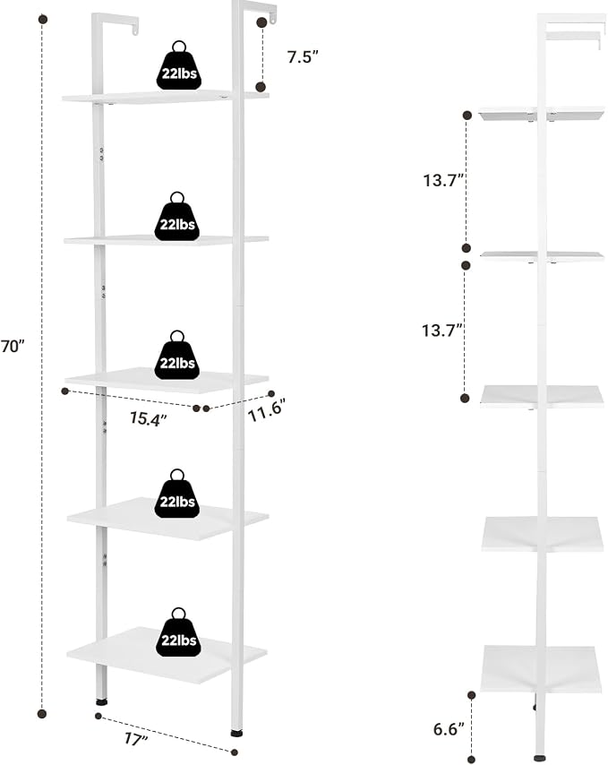 ELYKEN Ladder Shelf, White 5-Tier Wood Wall Mounted Bookshelf with Metal Frame, Modern Open Display Organizer Rack, Leaning Storage Shelves for Living Room, Bedroom, Home Office
