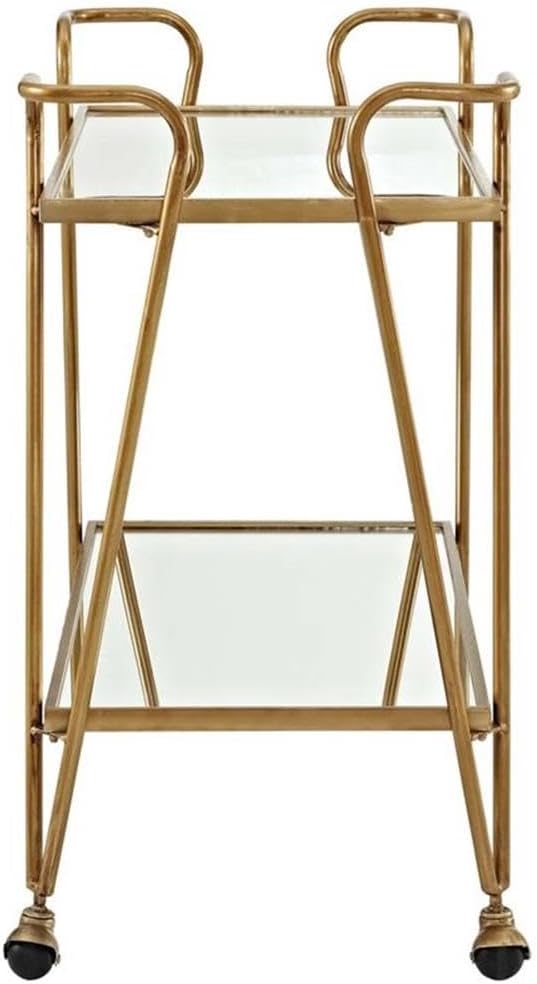 Riverbay Furniture Mid-Century Bar Cart, Mirrored Top and Shelf, Gold Finish, Iron Frame, 30" W x 17.38" D x 31.75" H, Mobile Design with Castors, Stylish Home Storage