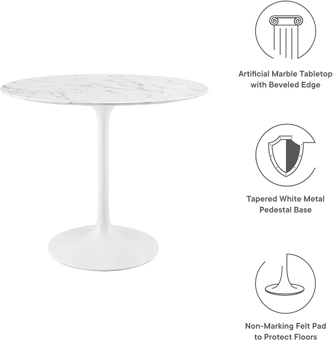 Modway Lippa Round 36" Mid-Century Modern Artificial Marble Dining Table in White