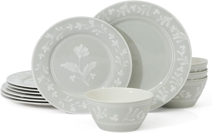 Martha Stewart Maiden Crown 12-Piece Sage Green Dinnerware Set – New Bone China Ceramic Plates & Bowls – Floral Design – Service for 4 – Microwave & Dishwasher Safe