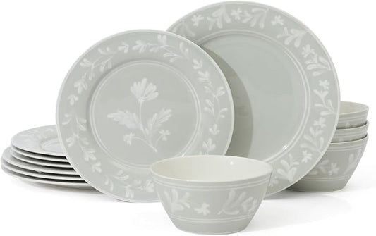 Martha Stewart Maiden Crown 12-Piece Sage Green Dinnerware Set – New Bone China Ceramic Plates & Bowls – Floral Design – Service for 4 – Microwave & Dishwasher Safe