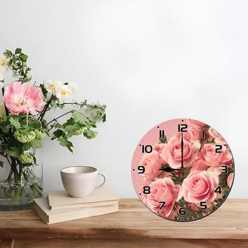 FemiaD Rose Flower Wall Clock 10inch Silent Non-Ticking Battery Operated Quartz Round Wooden Wall Clock Decorative for Kitchen Bedroom Living Room Home Decor