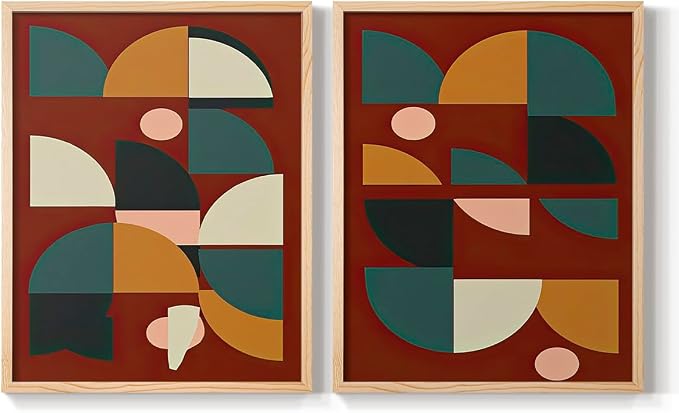 Renditions Gallery Set of 2 Peel & Stick Framed Prints, Mid Century Abstract Wall Art, Modern Geometric Shapes Wall Decor, Re-Stickable - Ready to Hang - 22"x28" - NATURAL WOOD Frame LT588
