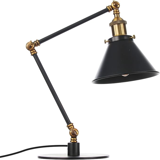 Makeup Vintage Desk Lamp, Industrial Metal Task Table Lamp with Adjustable Swing Arm, Bedroom Bedside Night Light Cafe Retro Reading Lighting,Black+Gold