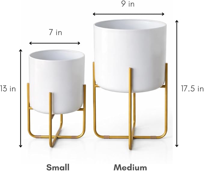 Kirpi Modern Planter Pots, Set of 2 Round White Planters with Gold Stand, Decorative Floor Planters, Metal Pots with Drainage Holes for Living Room, Office, Garden, 7 and 9 Inch Diameter