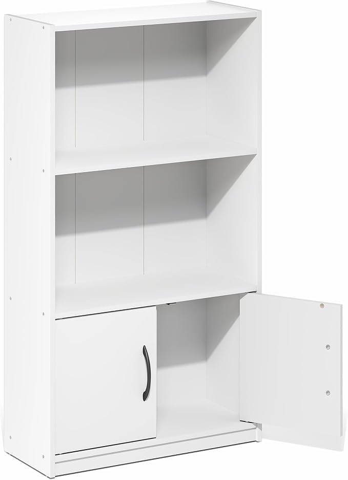 Furinno Gruen Book Shelf, 3-Tier Bookshelf, Bookcase with Open Shelf and 2 Doors Storage Cabinet, 9.3 x 21.8 x 39.5, for Organization and Storage, for Living Room, Bedroom, Home Office, White