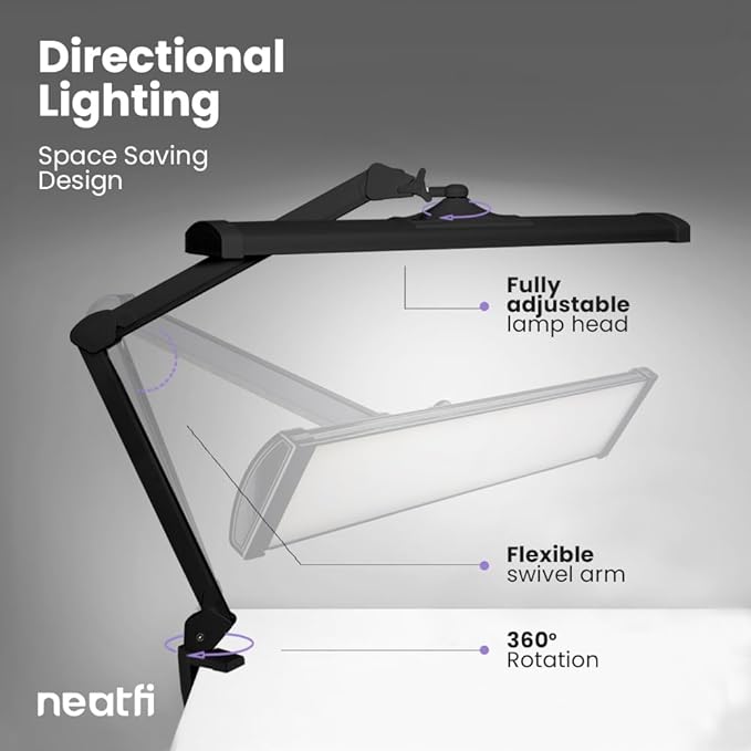 Neatfi LED Desk Lamp, 3,500 Lumens, 3 Light Modes, Dimmable, 45W, 26” Wide Shade, 540 SMD LEDs, Eye-Caring Task Lamp for Reading, Crafting, Workbench, Office (CCT with Clamp, Black)