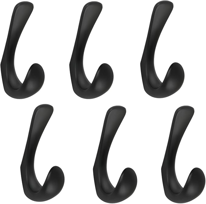6 Pack Towel Hooks for Bathrooms Wall Mounted, Matte Black Bathroom Hooks for Towels, Robe & Towel Hook for Wall, Modern Black Bath Towel Hook