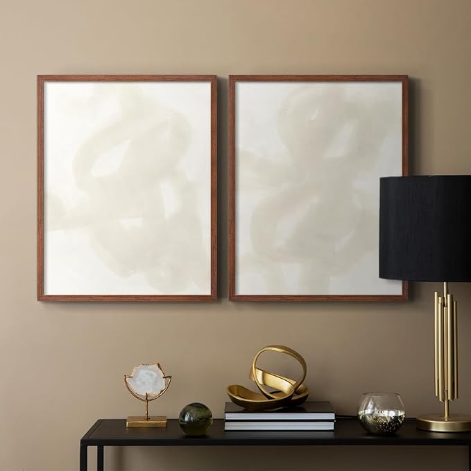 Renditions Gallery Set of 2 Peel & Stick Framed Prints, Abstract Wall Art, Beige and White Aesthetic Wall Decor, Re-Stickable - Ready to Hang - 16"x20" - Walnut Frame LT588
