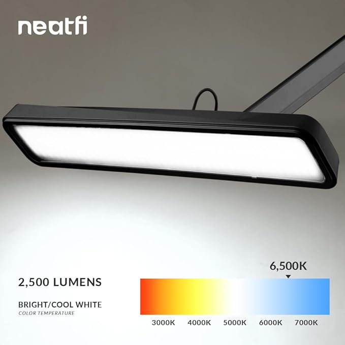 Neatfi Task Lamp – 2,500 Lumens, 30W, 22-Inch Wide Shade, 4 Brightness Levels, Eye-Caring Light, Clamp Mount, LED Task Light for Manicure Table, Crafts, Workbench, Office (Non-CCT, Black)