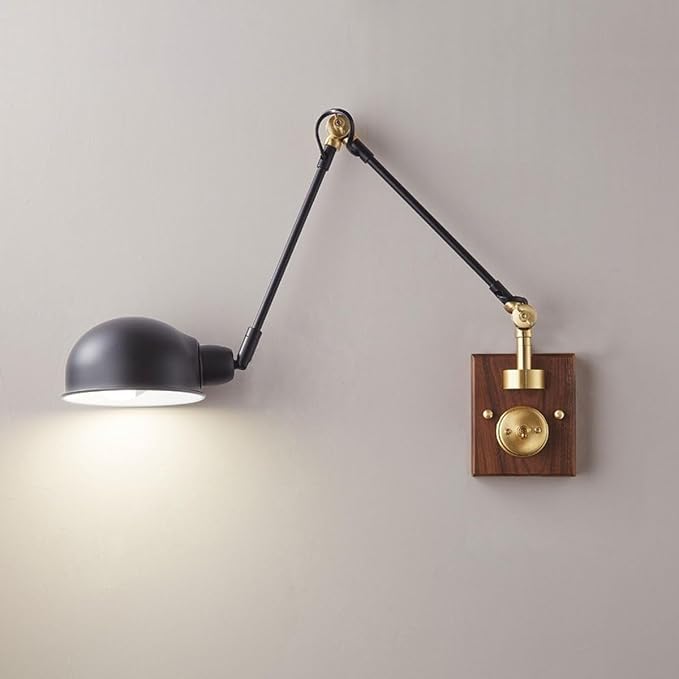 Retro Bedside Wall Lamp, E27 Swing Arm Wall Sconce Lighting Industrial Adjustable Antique Wooden Brass Wall Light Fixture, Metal Lampshade, for Bedroom Sofa