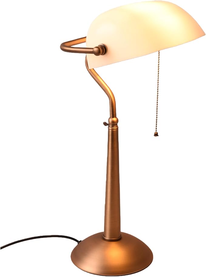 COSYLUX Tall Bankers Lamp, Vintage Sleek Glass Shade Table Lamp with Pull Switch, Antique Bronze Metal Bankers Desk Lamp for Office, Study Room, End Table, Bedside (White)