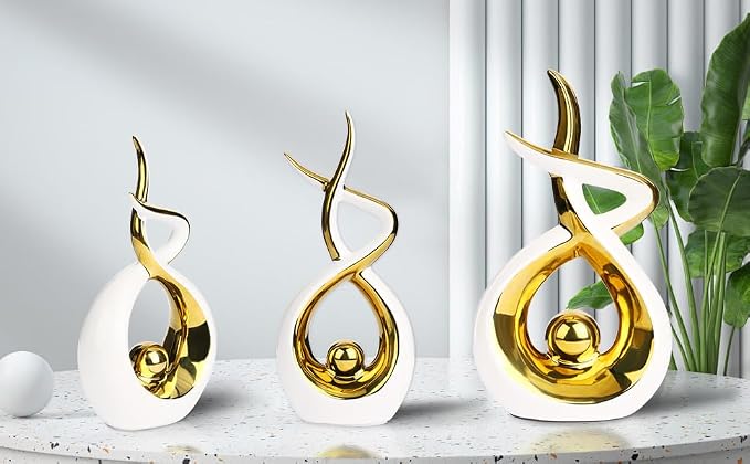 Querro Modern Abstract Ceramic Statue - Elegant White & Gold Decor for Home Living Room, Dining Table Centerpiece & Office Shelf | Luxury Aesthetic Sculpture (Large)