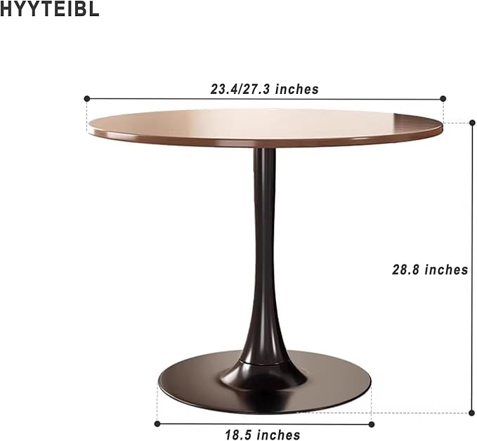 27.3" Round Tulip Dining Table for 2-4 People with Walnut Top and Black Metal Pedestal Base, Mid-Century Modern Small Space Table for Kitchen, Living Room, Cafe