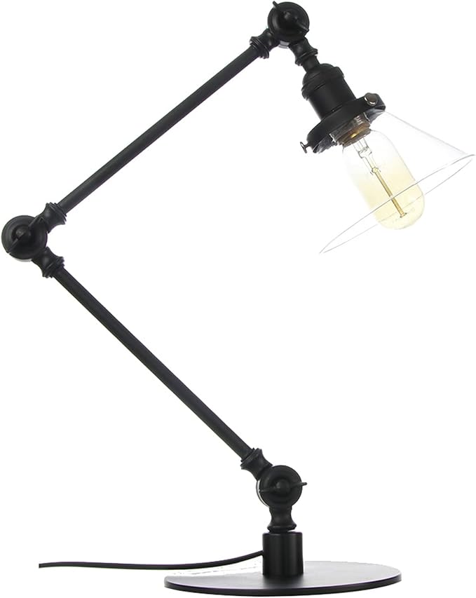 Table Lamp, Adjustable Swing Arm Metal Desk Lamp with Clear Glass Shade, Vintage E26 Reading Light for Bedroom or Bedside