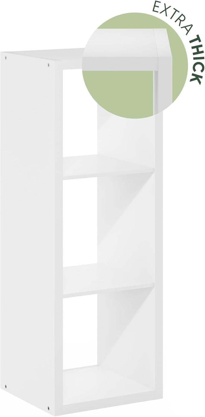 Furinno Cubicle Book Shelf, 3-Cube Bookshelf, Extra Thick Frame Horizontally & Vertically Reversible Bookcase with Open Back, 14.6" x 16" x 44", for Living Room, Bedroom, Home Office, White
