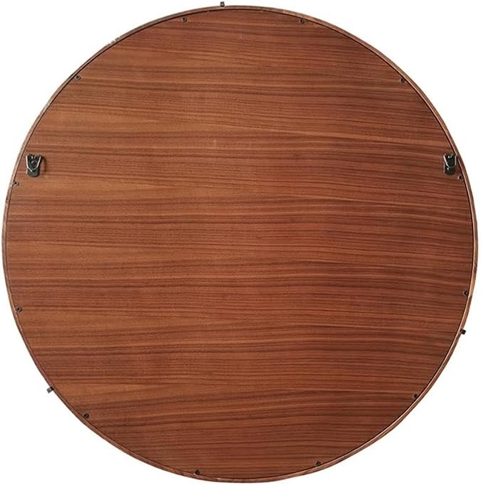 Pemberly Row 31.5" Round Accent Mirror, Walnut Wood and Veneer Frame, Brown Finish, Mid-Century Modern Design, Gunmetal Geometric Accents, Wall Mount for Entryway, Bedroom, Living Room Decor