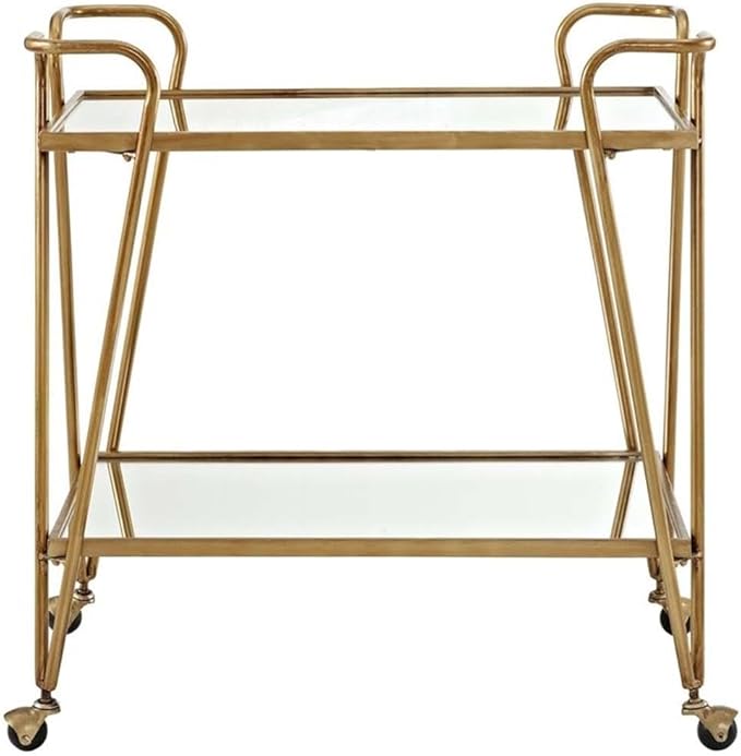 Riverbay Furniture Mid-Century Bar Cart, Mirrored Top and Shelf, Gold Finish, Iron Frame, 30" W x 17.38" D x 31.75" H, Mobile Design with Castors, Stylish Home Storage