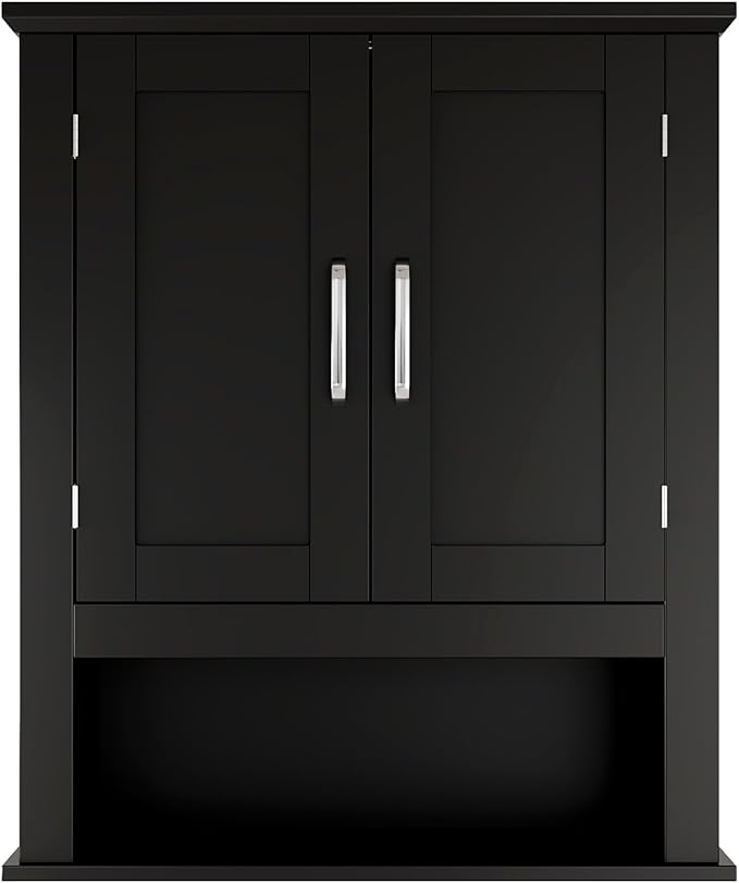 VINGLI Bathroom Wall Cabinet, Black Medicine Cabinet with Open Shelf & 2 Doors, Adjustable Hanging Storage Organizer Over Toilet, Wooden Cupboard for Kitchen Laundry Room Entryway