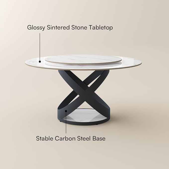 POVISON 59" Modern Dining Table, Glossy White Round Dining Table for 6 Built in Lazy Susan, Sintered Stone Dining Tabletop with Black X Carbon Steel Base (Table Only)