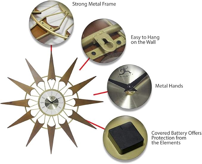 Infinity Instruments Nova Starburst Gold Wall Clock Vintage Mid Century Starburst Clock 31 inch Extra Large 50s 60s Mid Century Modern Decor Wall Hanging Sunburst Clock, Gold, Brown