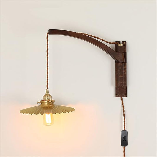 Classic Retro Walnut Lamp, Ceramic/Glass/Bronze Lampshade, Long Arm Swing Arm Folding Adjustable Wooden Light, Indoor Lighting, Sconce, Decoration (D)