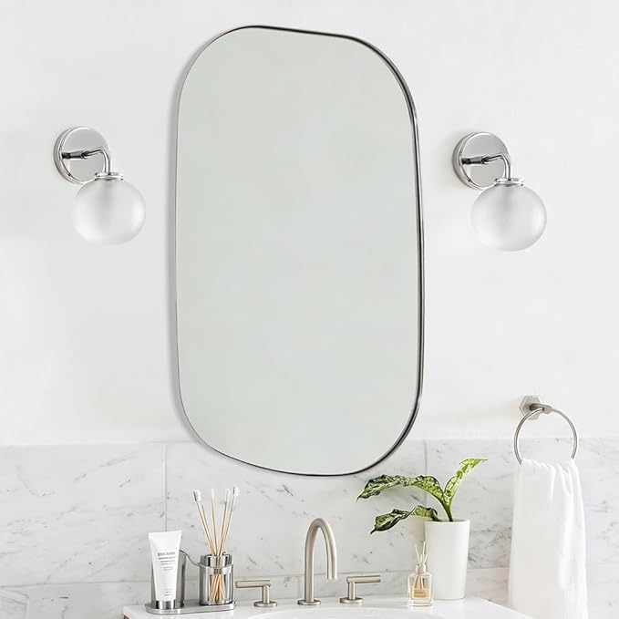 ANDY STAR 24"x32" Chrome Mirror, Silver Asymmetrical Wall Mirror for Bathroom, Unique Irregular Design with SUS304 Stainless Steel Metal Frame, Ideal for Bathroom, Bedroom, Entryway