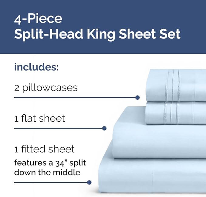 Flex Top Split Head King 4 Piece Sheet Set - Soft, Breathable & Cooling Bed Sheets Set - Hotel Luxury Bedding for Women & Men with Deep Pockets - Wrinkle Free & Fade Resistant - Oeko-Tex - Sky Blue