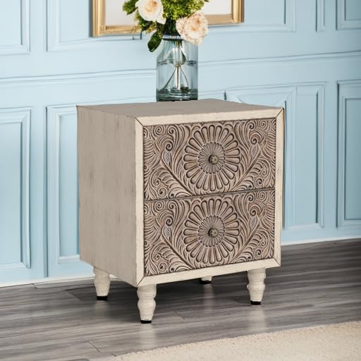 HOMPUS Fully Assembled Nightstand Set 2, 2-Drawer Farmhouse Nightstand Set of 2, Wood Bedside Table with 2 Drawers, Vintage Accent End Table for Living Room, Bedroom, Distress White