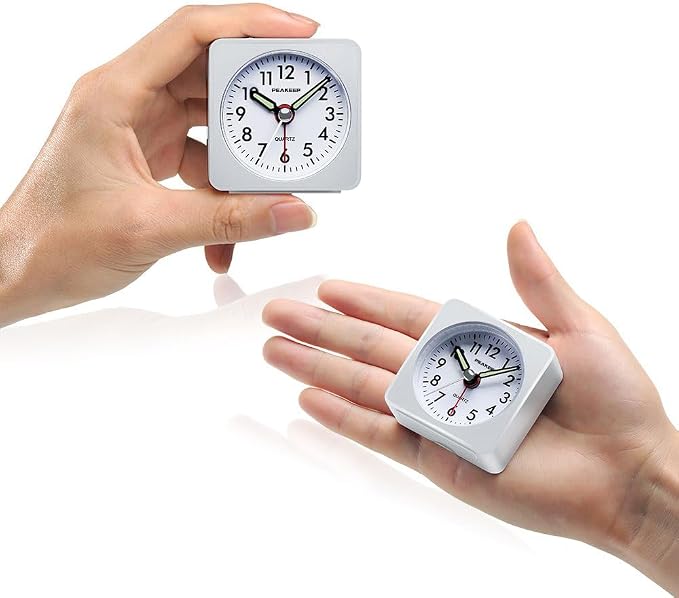 Peakeep Ultra Small, Battery Travel Alarm Clock with Snooze and Light, Silent with No Ticking Analog Quartz (White)