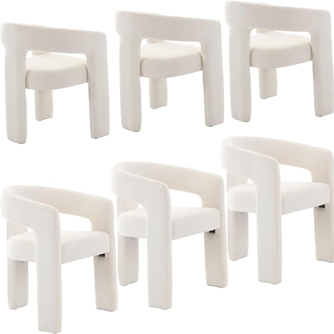 HNY Modern Barrel Kitchen & Dining Room Chairs Set of 6, Chenille Upholstered Accent Chairs with Arm, 18.5'' Wide Side Armchairs Vanity Chairs for Living Room Bedroom Makeup Small Spaces, White