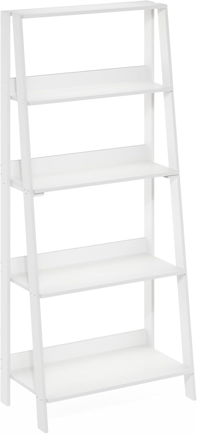 Furinno 5-Tier Ladder Shelf, White Ladder Book Shelf, Open Design Bookshelf, Display Storage Shelves, 13 x 23.6 x 53.5, for Living Room, Home Office, Plain White