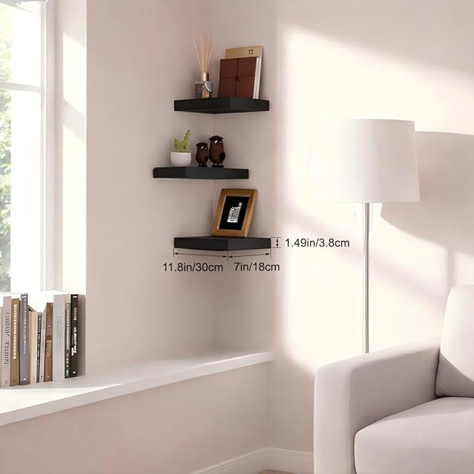 Floating Shelves for Wall, Black Small 11.8" Bathroom Wall Shelves and Floating Shelf for Storage, Display Shelf for Home Decor, Perfect Over Toilet and Bedroom, Living Room, 3-Pack
