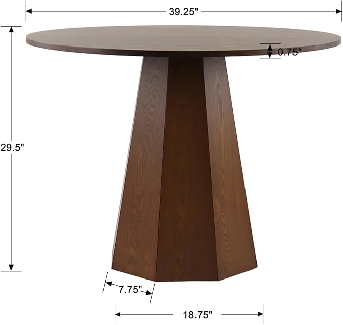39” Round Solid Wood Dining Table for 4-5 People, Modern Pedestal Small Kitchen Table Circle Tabletop with Walnut Wood Grain Finish, Saving Space, Walnut
