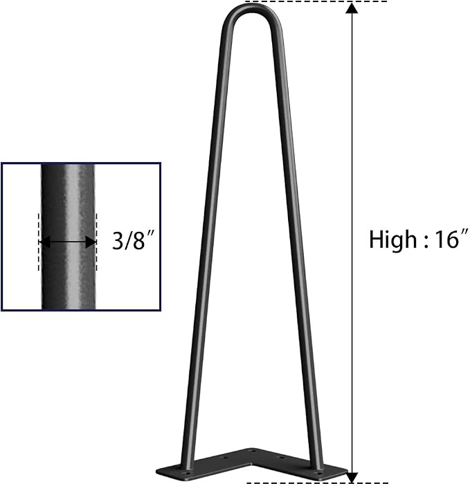 SMARTSTANDARD 16" Hairpin Furniture Legs, Metal Home DIY Projects for Nightstand, Coffee Table, Desk, etc with Rubber Floor Protectors Black 4PCS